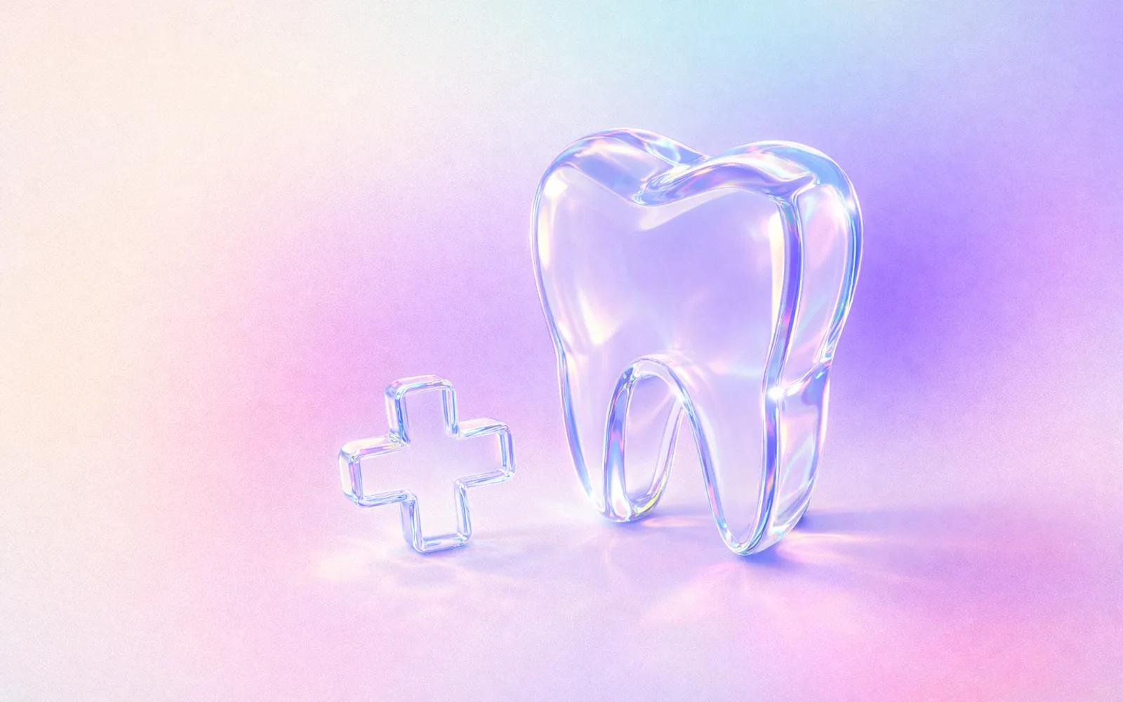 Illustrazione: un dente in vetro iridescente su sfondo pastello