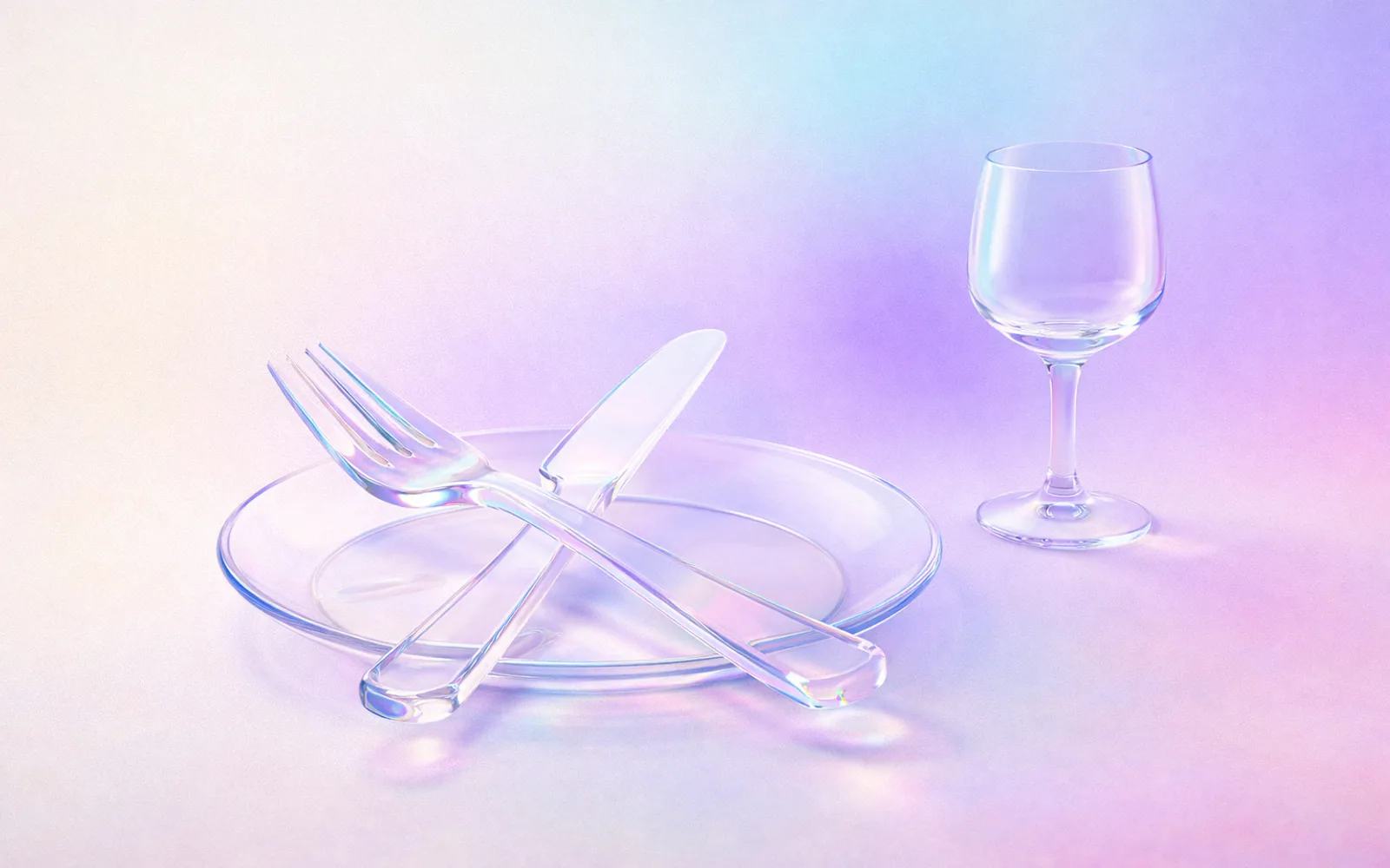 Illustrazione: forchetta e coltello incrociati in vetro iridescente su sfondo pastello