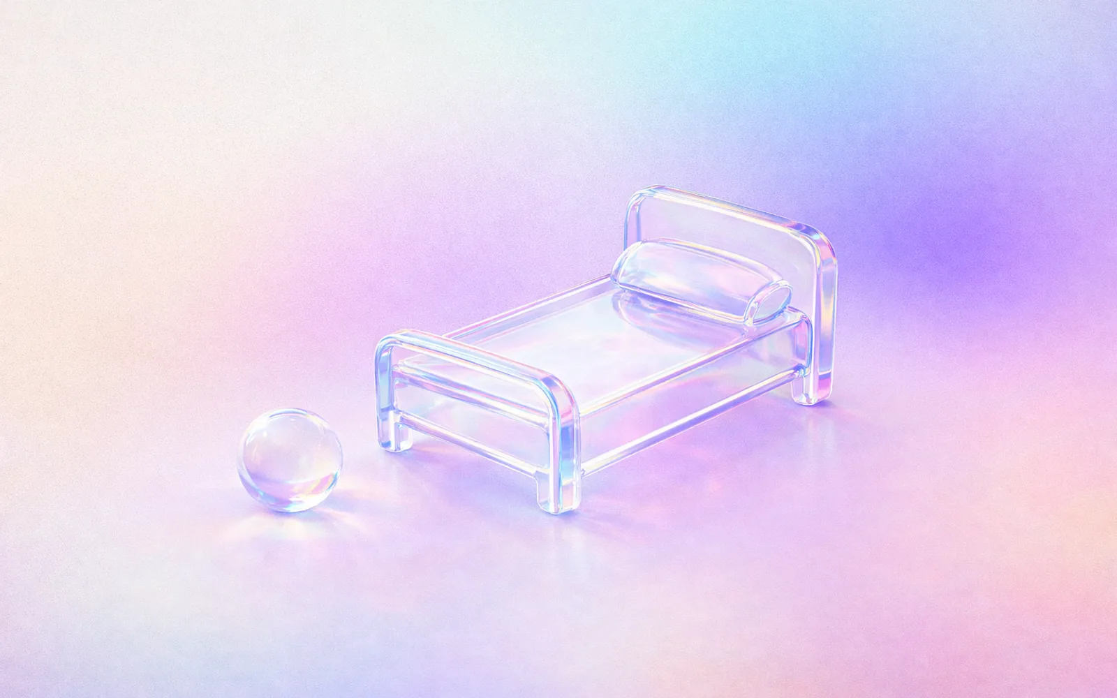 Illustrazione: un letto con il cuscino in vetro iridescente su sfondo pastello
