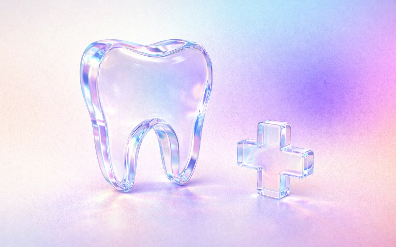 Illustrazione: un dente in vetro iridescente su sfondo pastello
