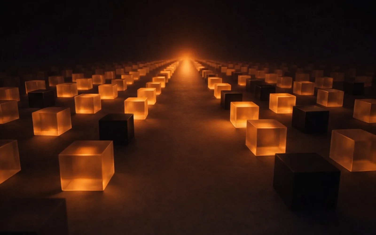 Copertina: cubi di vetro, luce ambra su fondo nero