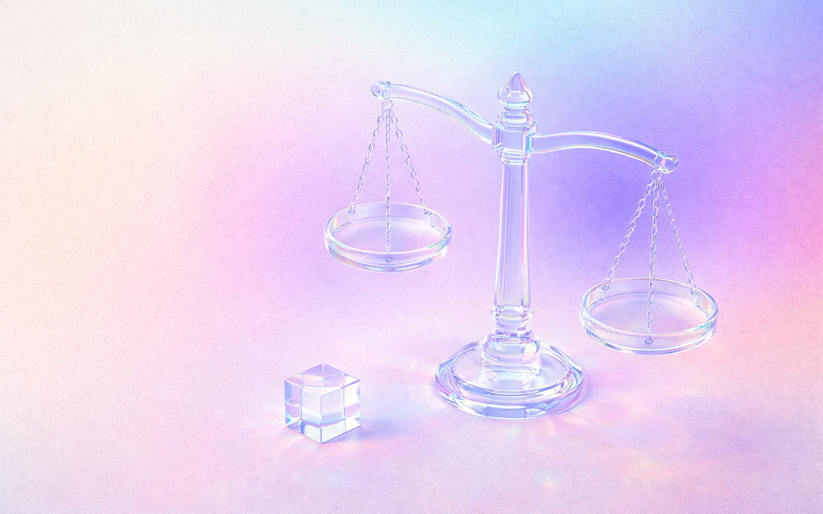 Illustrazione: una bilancia della giustizia in vetro iridescente su sfondo pastello